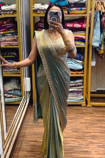 Sage green embroidered satin ready to wear saree 