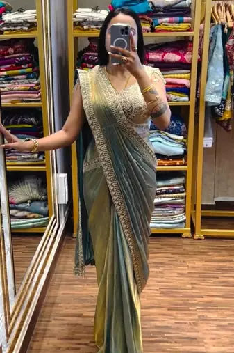 Sage green embroidered satin ready to wear saree 