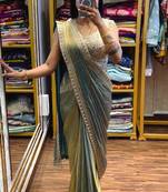 Sage green embroidered satin ready-to wear saree 
