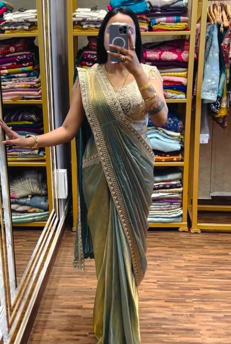 Sage green embroidered satin ready-to wear saree 