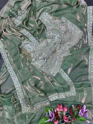 sage green embroidered satin ready made saree 2
