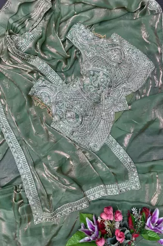 sage green embroidered satin ready made saree