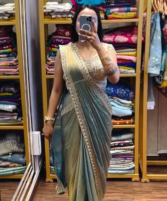 sage green embroidered satin ready made saree 3