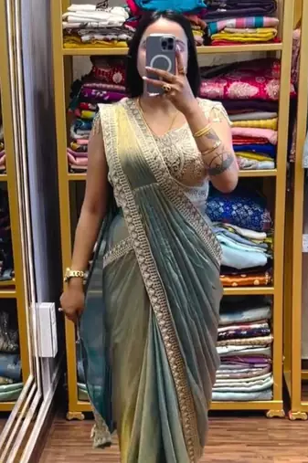 sage green embroidered satin ready made saree