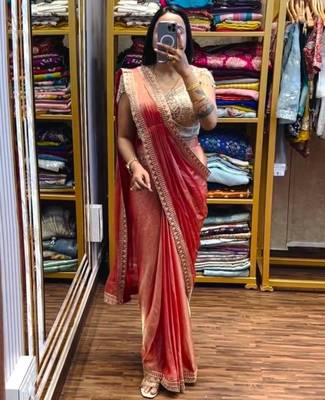 peach pre draped saree with embroidered blouse 1