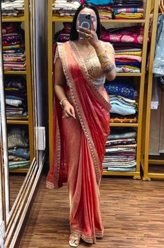 peach ready to wear saree with embroidered blouse
