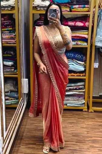 peach ready to wear saree with embroidered blouse