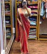 peach ready-to-wear saree with embroidered blouse