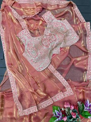 peach pre draped saree with embroidered blouse 3