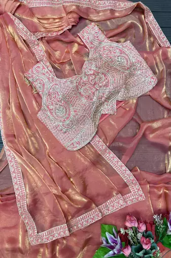 peach ready to wear saree with embroidered blouse