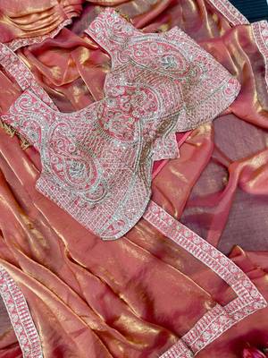 peach pre draped saree with embroidered blouse 4