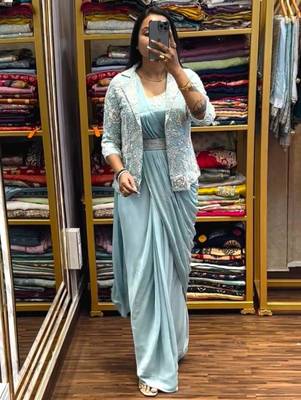 light blue embroidered ready made saree 1
