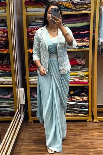 light blue embroidered ready to wear saree
