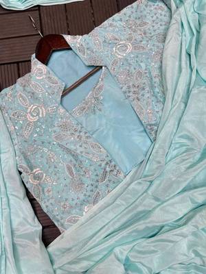 light blue embroidered ready made saree 2
