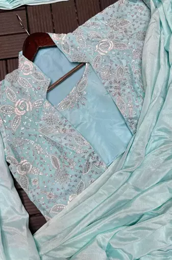 light blue embroidered ready made saree