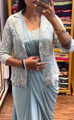 light blue embroidered ready made saree 3