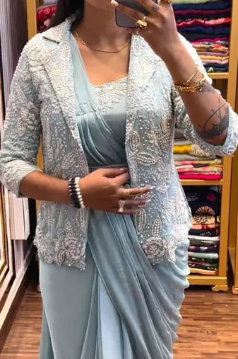 light blue embroidered ready made saree