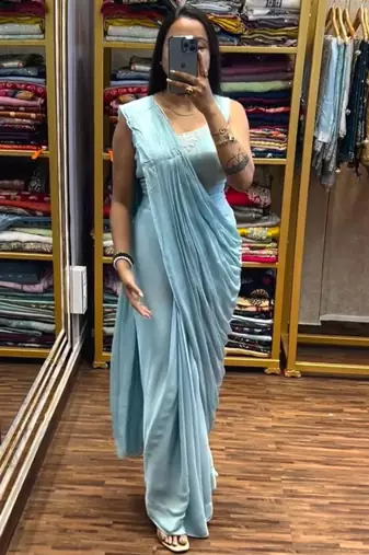 light blue embroidered ready made saree