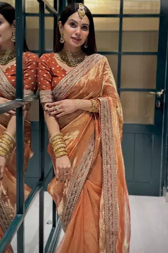 Orange gold silk embroidered saree