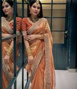 Orange gold silk embroidered saree