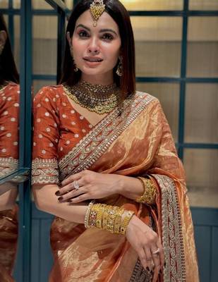 Orange gold silk embroidered saree 2