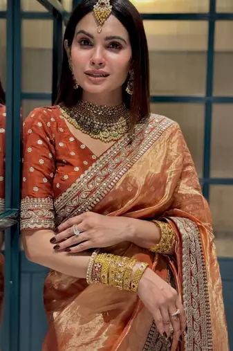 Orange gold silk embroidered saree