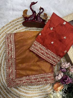 Orange gold silk embroidered saree 3