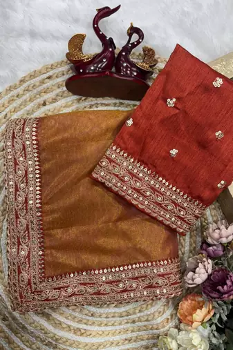 Orange gold silk embroidered saree