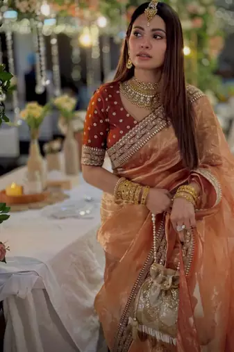 Orange gold silk embroidered saree
