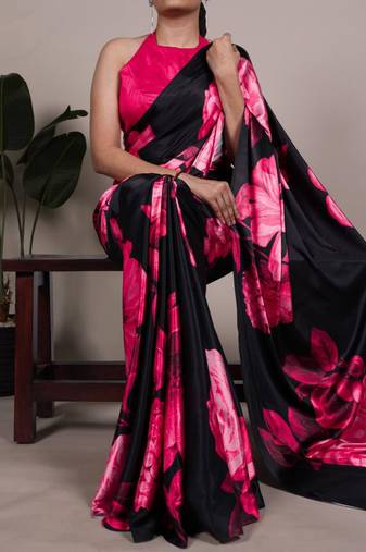 Black satin saree with pink floral print