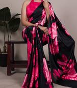 Black satin saree with pink floral print