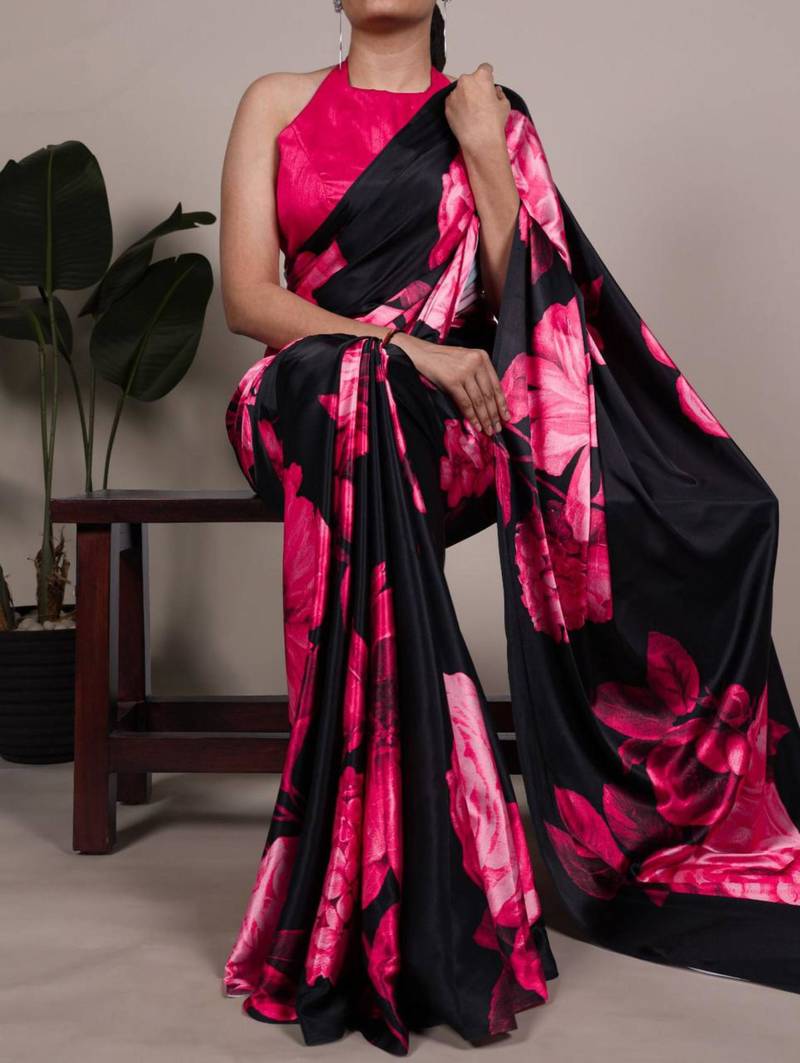 Black satin saree with pink floral print