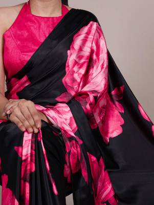 Black satin saree with pink floral print 2