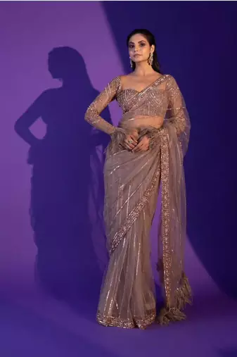 Beige net saree with sequin stripes