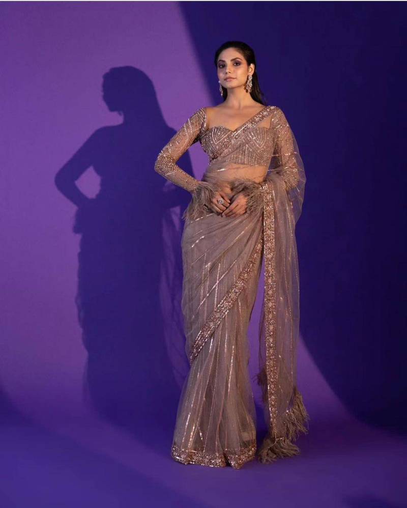 Beige net saree with sequin stripes