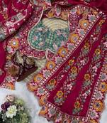 Red floral embroidered designer saree set