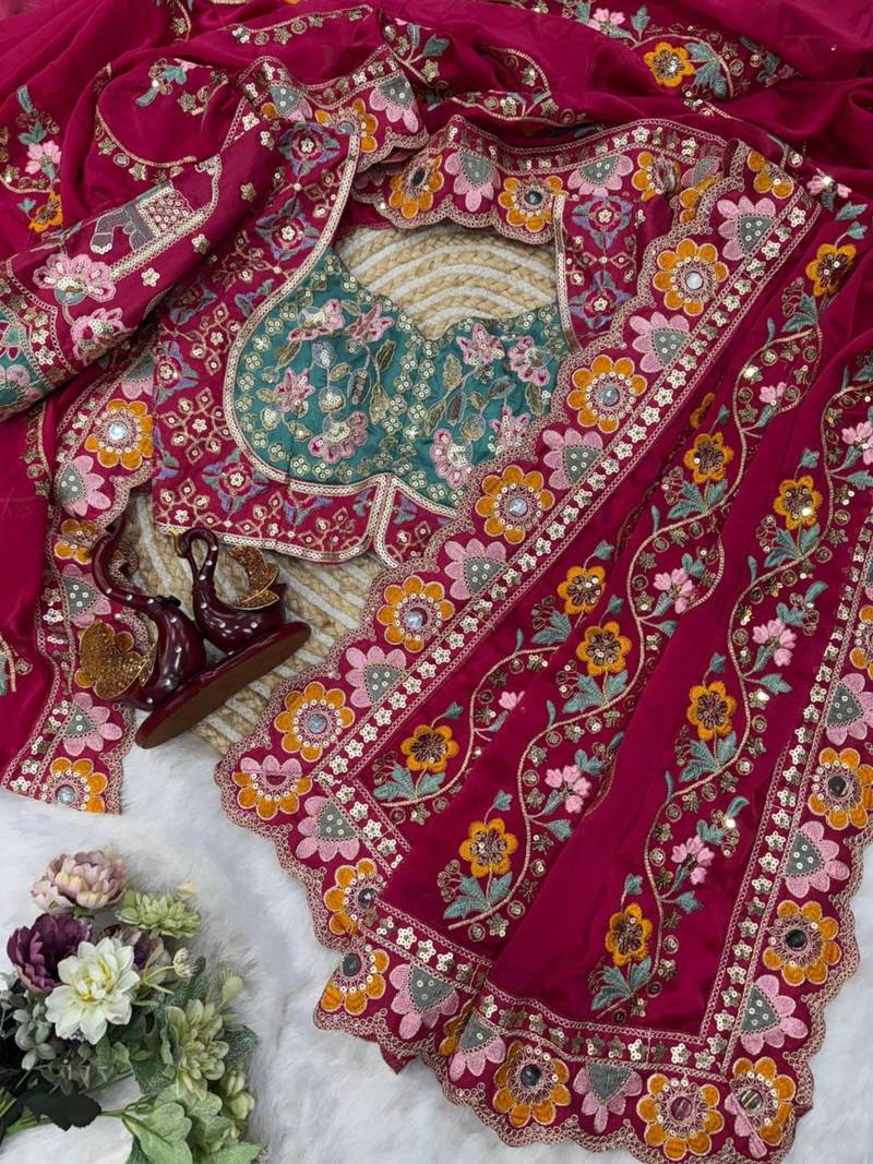 Red floral embroidered designer saree set