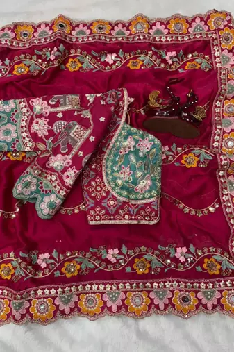 Red floral embroidered designer saree set