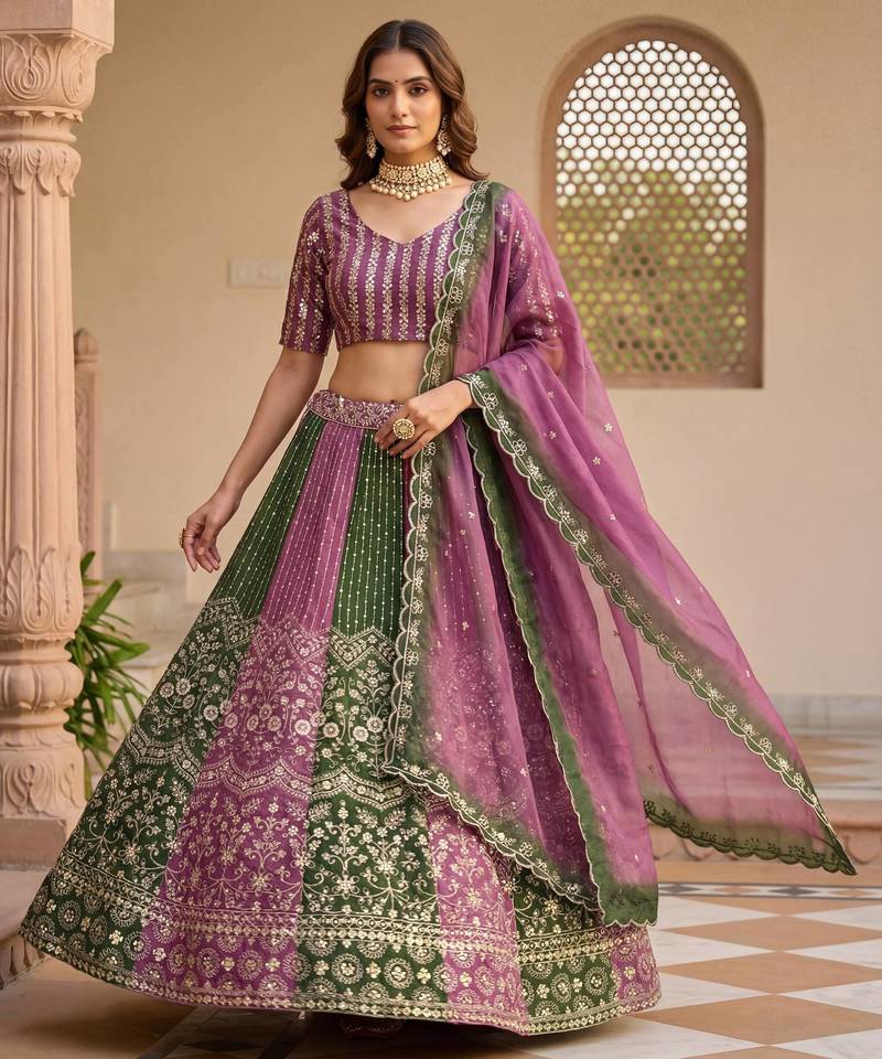 Lavender Color Sequins Embroidery Work Chinon  Silk Lahenga Choli set
