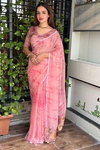 Pink glass tissue position print handstitch butta work saree with matching blouse piece
