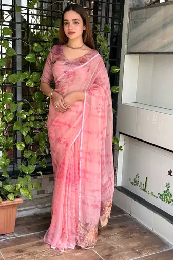 Pink glass tissue position print handstitch butta work saree with matching blouse piece