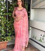 Pink glass tissue position print handstitch butta work saree with matching blouse piece