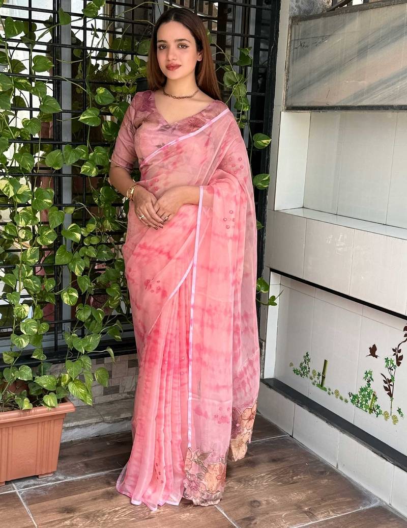 Pink glass tissue position print handstitch butta work saree with matching blouse piece