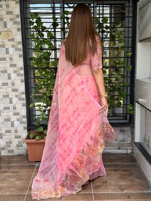 Pink glass tissue position print handstitch butta work saree with matching blouse piece 2