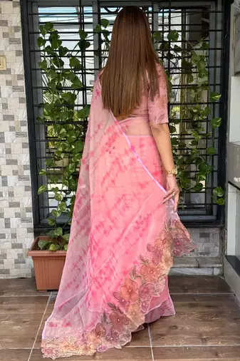 Pink glass tissue position print handstitch butta work saree with matching blouse piece