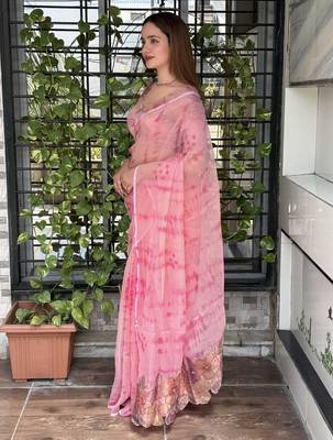 Pink glass tissue position print handstitch butta work saree with matching blouse piece 3