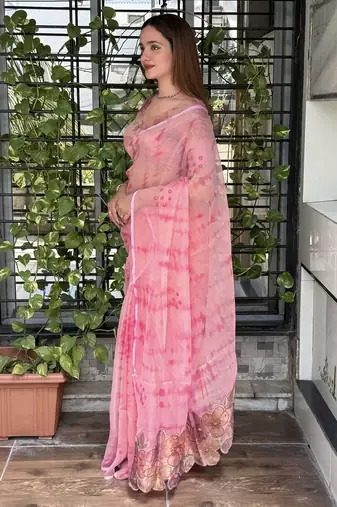 Pink glass tissue position print handstitch butta work saree with matching blouse piece