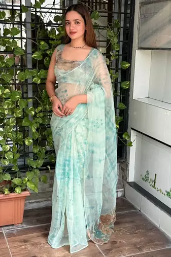 Sea green glass tissue position print handstitch butta work saree with matching blouse piece