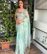 Sea green glass tissue position print handstitch butta work saree with matching blouse piece