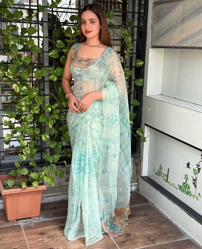 Sea green glass tissue position print handstitch butta work saree with matching blouse piece